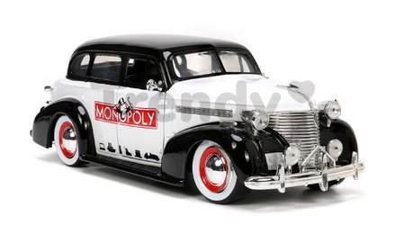 Autíčko Monopoly Chevy Master 1939 Jada kovové s otvárateľnými časťami a figúrkou Uncle Pennybags dĺžka 20 cm 1:24
