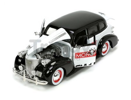 Autíčko Monopoly Chevy Master 1939 Jada kovové s otvárateľnými časťami a figúrkou Uncle Pennybags dĺžka 20 cm 1:24