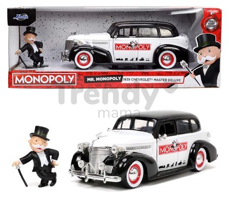 Autíčko Monopoly Chevy Master 1939 Jada kovové s otvárateľnými časťami a figúrkou Uncle Pennybags dĺžka 20 cm 1:24