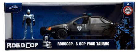 Autíčko RoboCop Ford Taurus 1986 Jada kovové s otvárateľnými časťami a figúrkou Robocop dĺžka 20 cm 1:24