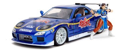 Autíčko Mazda RX-7 1993 Street Fighter Jada kovové s otvárateľnými časťami a figúrka Chun-Li dĺžka 20 cm 1:24