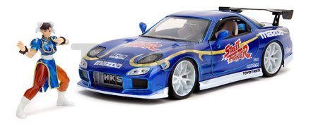 Autíčko Mazda RX-7 1993 Street Fighter Jada kovové s otvárateľnými časťami a figúrka Chun-Li dĺžka 20 cm 1:24