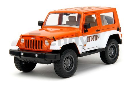 Autíčko Jeep Wrangler 2007 M&M Jada kovové s otvárateľnými dverami a figúrka Orange dĺžka 18 cm 1:24
