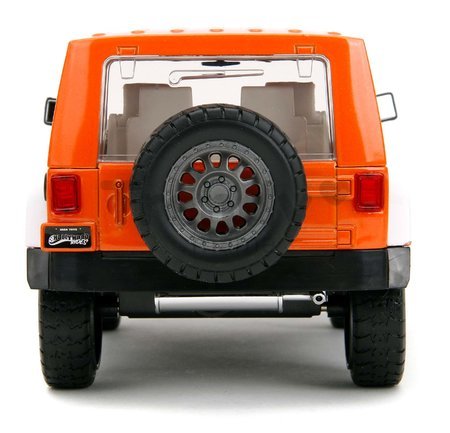 Autíčko Jeep Wrangler 2007 M&M Jada kovové s otvárateľnými dverami a figúrka Orange dĺžka 18 cm 1:24