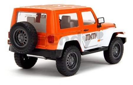 Autíčko Jeep Wrangler 2007 M&M Jada kovové s otvárateľnými dverami a figúrka Orange dĺžka 18 cm 1:24