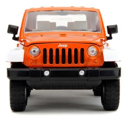 Autíčko Jeep Wrangler 2007 M&M Jada kovové s otvárateľnými dverami a figúrka Orange dĺžka 18 cm 1:24