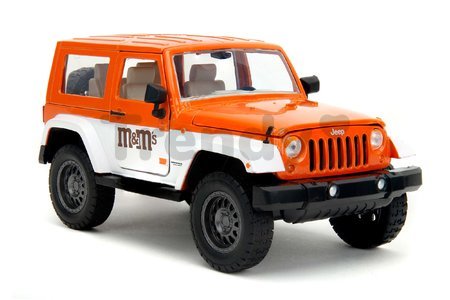 Autíčko Jeep Wrangler 2007 M&M Jada kovové s otvárateľnými dverami a figúrka Orange dĺžka 18 cm 1:24