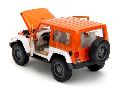 Autíčko Jeep Wrangler 2007 M&M Jada kovové s otvárateľnými dverami a figúrka Orange dĺžka 18 cm 1:24