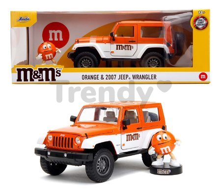 Autíčko Jeep Wrangler 2007 M&M Jada kovové s otvárateľnými dverami a figúrka Orange dĺžka 18 cm 1:24