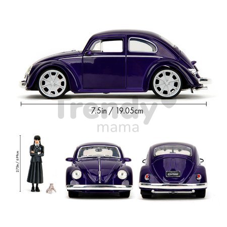 Autíčko Volkswagen Beetle Hollywood Rides Jada kovové s otvárateľnými dverami a figúrkou Wednesday 1:24