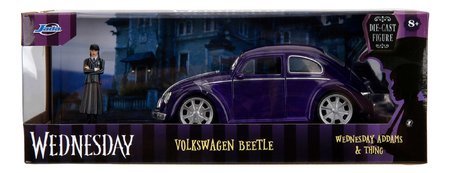 Autíčko Volkswagen Beetle Hollywood Rides Jada kovové s otvárateľnými dverami a figúrkou Wednesday 1:24