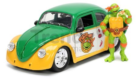 Autíčko Ninja korytnačky VW Drag Beetle 1959 Jada kovové s otvárateľnými dverami a figúrkou Michelangelo dĺžka 19 cm 1:24