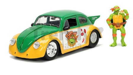 Autíčko Ninja korytnačky VW Drag Beetle 1959 Jada kovové s otvárateľnými dverami a figúrkou Michelangelo dĺžka 19 cm 1:24