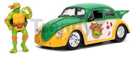 Autíčko Ninja korytnačky VW Drag Beetle 1959 Jada kovové s otvárateľnými dverami a figúrkou Michelangelo dĺžka 19 cm 1:24