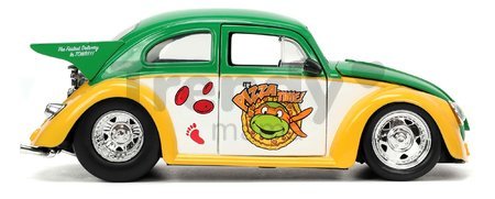 Autíčko Ninja korytnačky VW Drag Beetle 1959 Jada kovové s otvárateľnými dverami a figúrkou Michelangelo dĺžka 19 cm 1:24