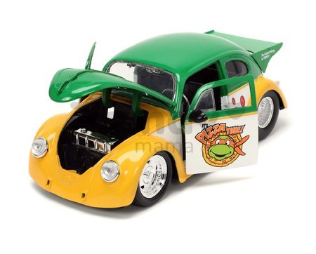 Autíčko Ninja korytnačky VW Drag Beetle 1959 Jada kovové s otvárateľnými dverami a figúrkou Michelangelo dĺžka 19 cm 1:24