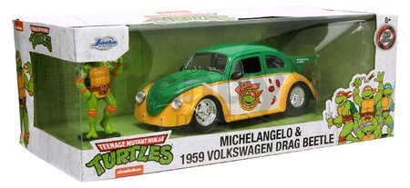 Autíčko Ninja korytnačky VW Drag Beetle 1959 Jada kovové s otvárateľnými dverami a figúrkou Michelangelo dĺžka 19 cm 1:24