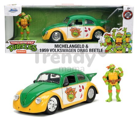 Autíčko Ninja korytnačky VW Drag Beetle 1959 Jada kovové s otvárateľnými dverami a figúrkou Michelangelo dĺžka 19 cm 1:24