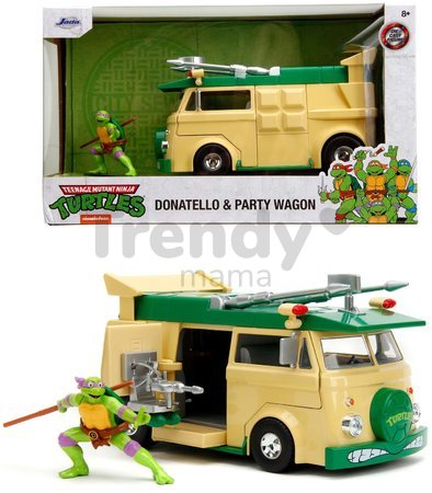 Autíčko Turtles Party Wagon Jada kovové s otvárateľnými dverami a figúrka Donatello dĺžka 20 cm 1:24