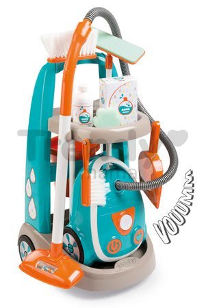 Upratovací vozík s elektronickým vysávačom Vacuum Cleaner Smoby tyrkysový s 9 doplnkami