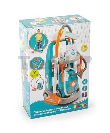 Upratovací vozík s elektronickým vysávačom Vacuum Cleaner Smoby tyrkysový s 9 doplnkami