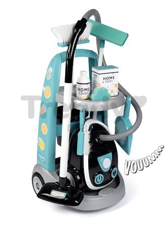 Upratovací vozík s elektronickým vysávačom Cleaning Trolley Vacuum Cleaner Smoby s metlou lopatkou a 9 doplnkami