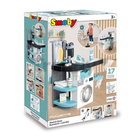 Práčovňa s práčkou s predným plnením Rowenta Wash&Clean Laundry Smoby s elektronickým vysávačom so zvukom a žehličkou 17 doplnkov
