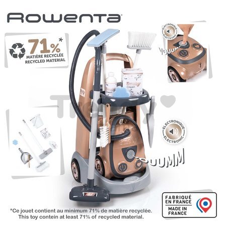 Upratovací vozík a elektronický vysávač Rowenta Trolley Vacuum Cleaner Smoby s realistickým zvukom s metlou lopatkou a 9 doplnkami