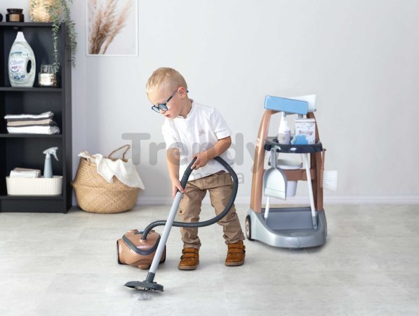 Upratovací vozík a elektronický vysávač Rowenta Trolley Vacuum Cleaner Smoby s realistickým zvukom s metlou lopatkou a 9 doplnkami