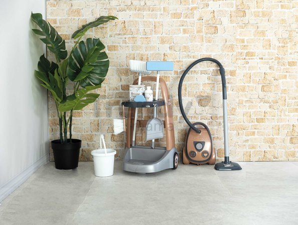 Upratovací vozík a elektronický vysávač Rowenta Trolley Vacuum Cleaner Smoby s realistickým zvukom s metlou lopatkou a 9 doplnkami