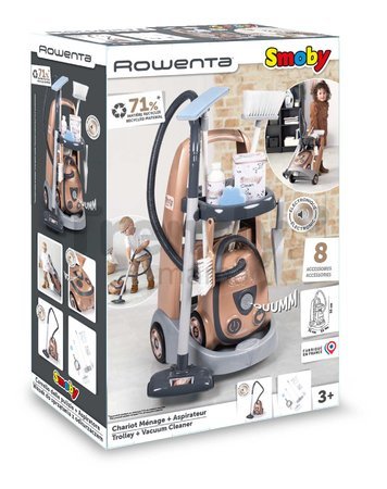 Upratovací vozík a elektronický vysávač Rowenta Vacuum Cleaner Smoby s realistickým zvukom s metlou lopatkou a 9 doplnkami