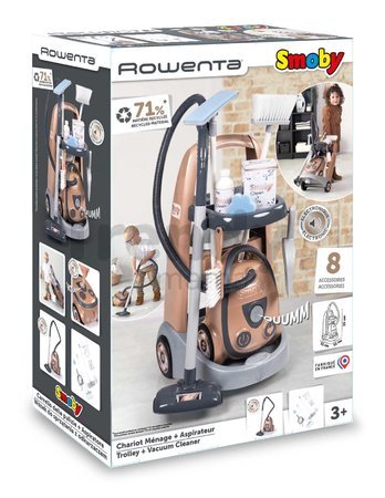 Upratovací vozík a elektronický vysávač Rowenta Trolley Vacuum Cleaner Smoby s realistickým zvukom s metlou lopatkou a 9 doplnkami