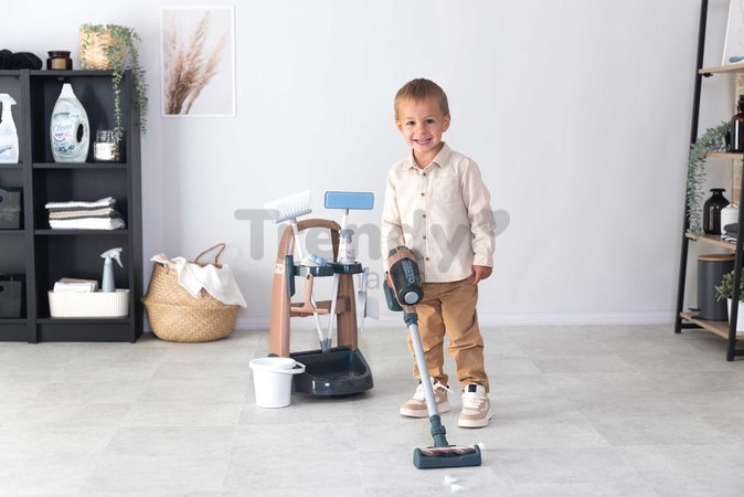 Upratovací vozík s tyčovým vysávačom Rowenta Trolley Upright Hoover Smoby s realistickým zvukom s metlou mopom a 10 doplnkov