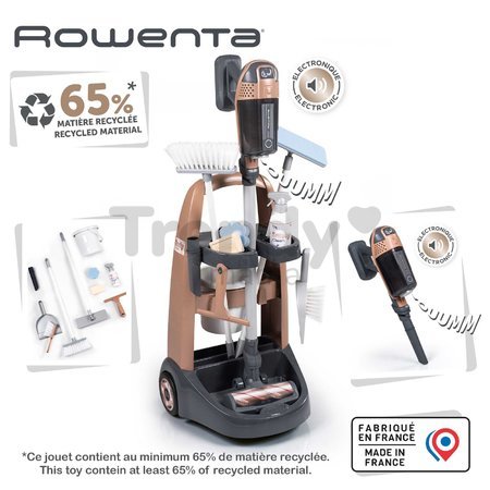 Upratovací vozík s tyčovým vysávačom Rowenta Trolley Upright Hoover Smoby s realistickým zvukom s metlou mopom a 10 doplnkov