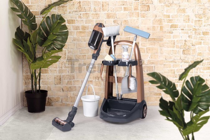 Upratovací vozík s tyčovým vysávačom Rowenta Trolley Upright Hoover Smoby s realistickým zvukom s metlou mopom a 10 doplnkov