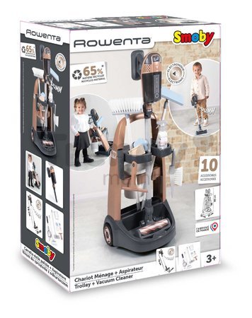 Upratovací vozík s tyčovým vysávačom Rowenta Trolley Upright Hoover Smoby s realistickým zvukom s metlou mopom a 10 doplnkov