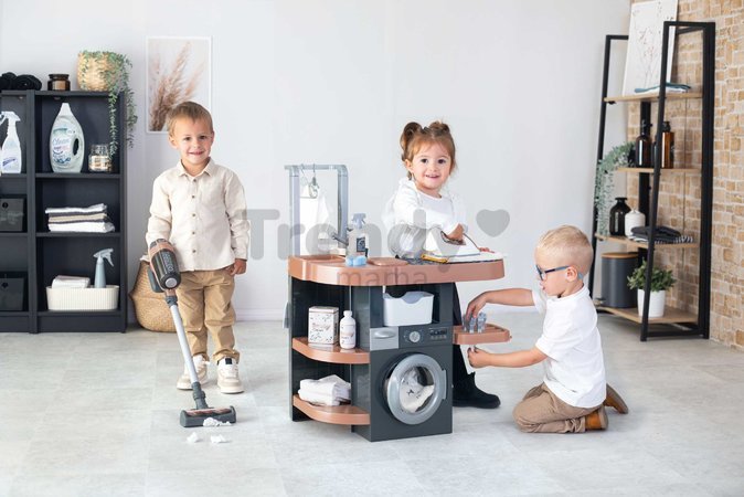 Práčovňa s práčkou a elektronický vysávač Rowenta Wash&Clean Laundry Smoby so zvukom a žehličkou 17 doplnkov