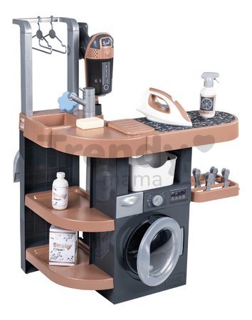 Práčovňa s práčkou a elektronický vysávač Rowenta Wash&Clean Laundry Smoby so zvukom a žehličkou 17 doplnkov
