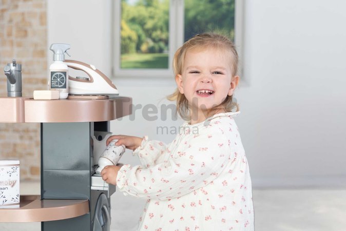 Práčovňa s práčkou a elektronický vysávač Rowenta Wash&Clean Laundry Smoby so zvukom a žehličkou 17 doplnkov