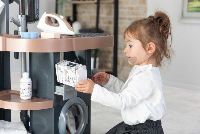 Práčovňa s práčkou a elektronický vysávač Rowenta Wash&Clean Laundry Smoby so zvukom a žehličkou 17 doplnkov