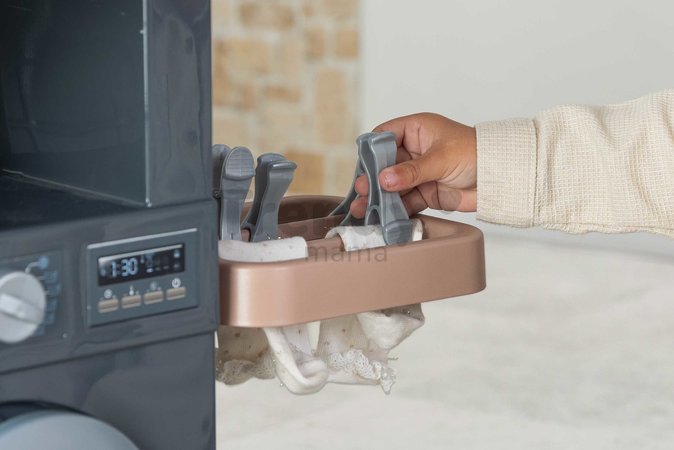 Práčovňa s práčkou a elektronický vysávač Rowenta Wash&Clean Laundry Smoby so zvukom a žehličkou 17 doplnkov