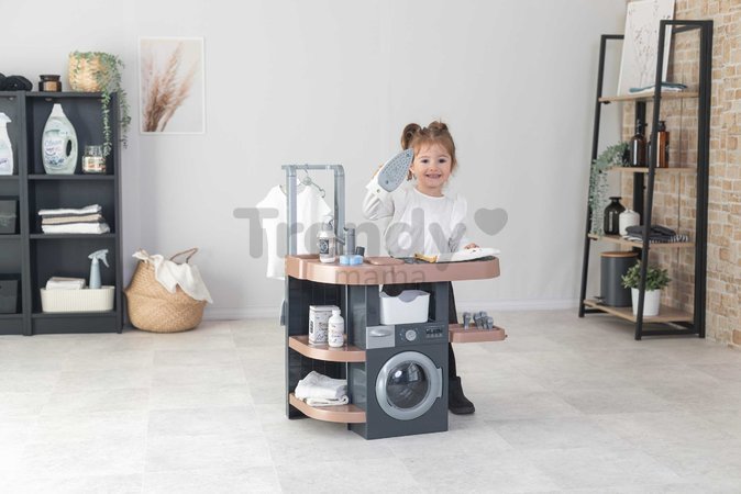 Práčovňa s práčkou a elektronický vysávač Rowenta Wash&Clean Laundry Smoby so zvukom a žehličkou 17 doplnkov