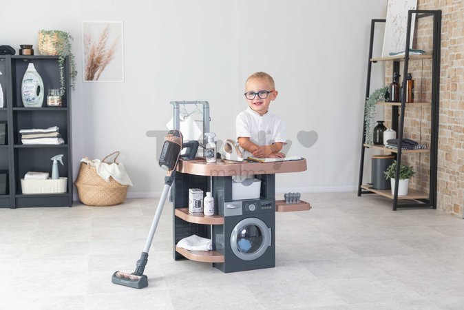 Práčovňa s práčkou a elektronický vysávač Rowenta Wash&Clean Laundry Smoby so zvukom a žehličkou 17 doplnkov