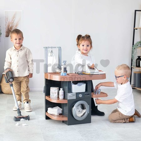 Práčovňa s práčkou a elektronický vysávač Rowenta Wash&Clean Laundry Smoby so zvukom a žehličkou 17 doplnkov