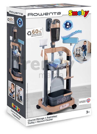 Upratovací vozík s tyčovým vysávačom so zvukom Rowenta Trolley Upright Hoover Smoby s metlou mopom a lopatkou 11 doplnkov