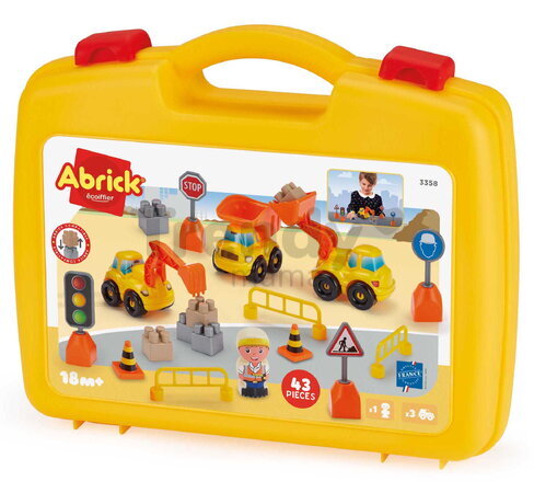 Stavebnica v kufríku pracovné stroje Public Work Suitcase Abrick Écoiffier 43 doplnkov s figúrkou a značkami od 18 mes