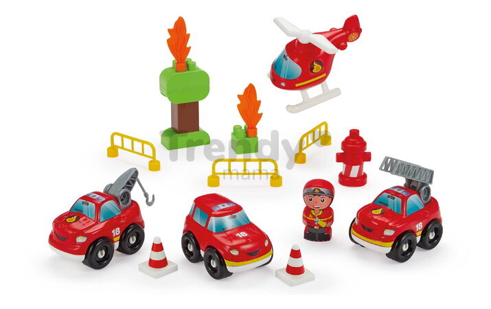 Stavebnica v kufríku Požiarnici Firefighter Suitcase Abrick Écoiffier 40 doplnkov s figúrkou a 4 vozidlami od 18 mes