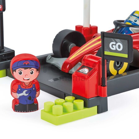 Stavebnica s formulou v zastávke Pit Stop Formula 1 Abrick Écoiffier s figúrkou od 18 mes