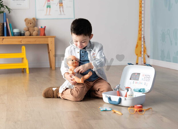 Lekársky kufrík s mechanickým teplomerom Medical Case Smoby so stetoskopom a okuliarmi 10 doplnkov