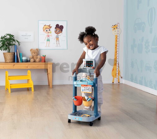Lekársky vozík elektronický Electronic Medical Trolley Smoby so zvukom a svetlom stetoskop s mechanickým teplomerom 12 doplnkov